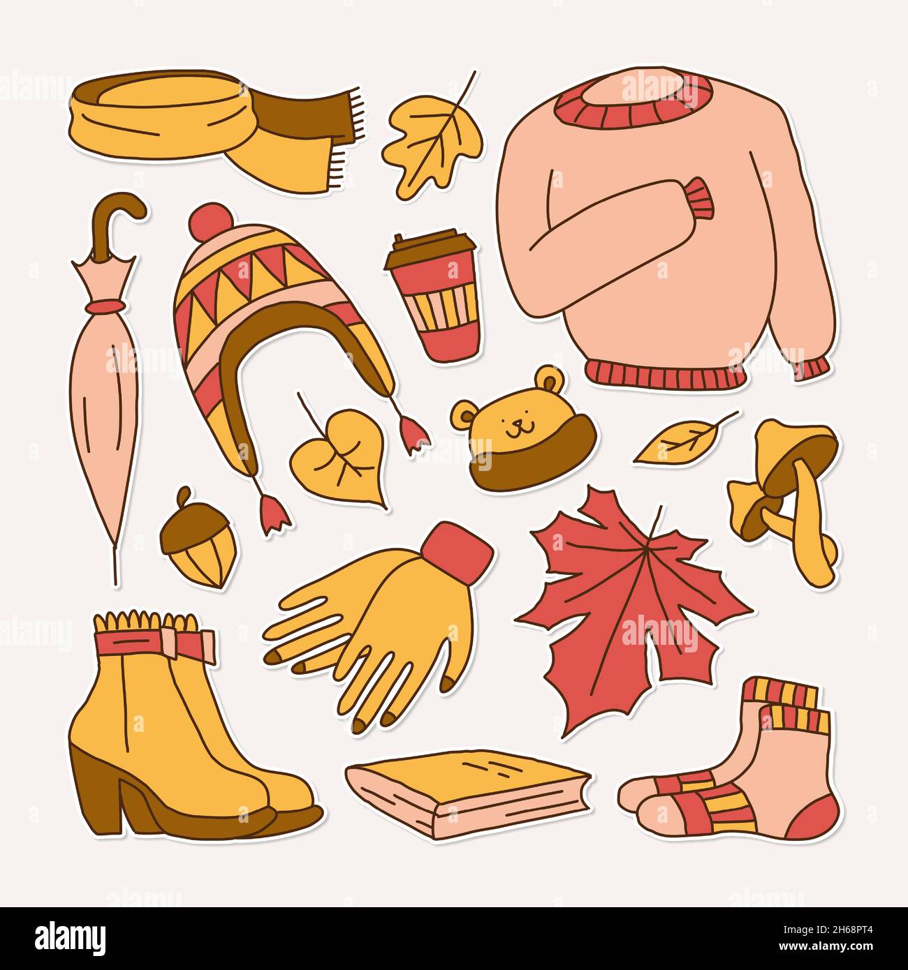 set di icone che simboleggiano l'autunno, stile cartoon luminoso, illustrazione vettoriale. Illustrazione Vettoriale