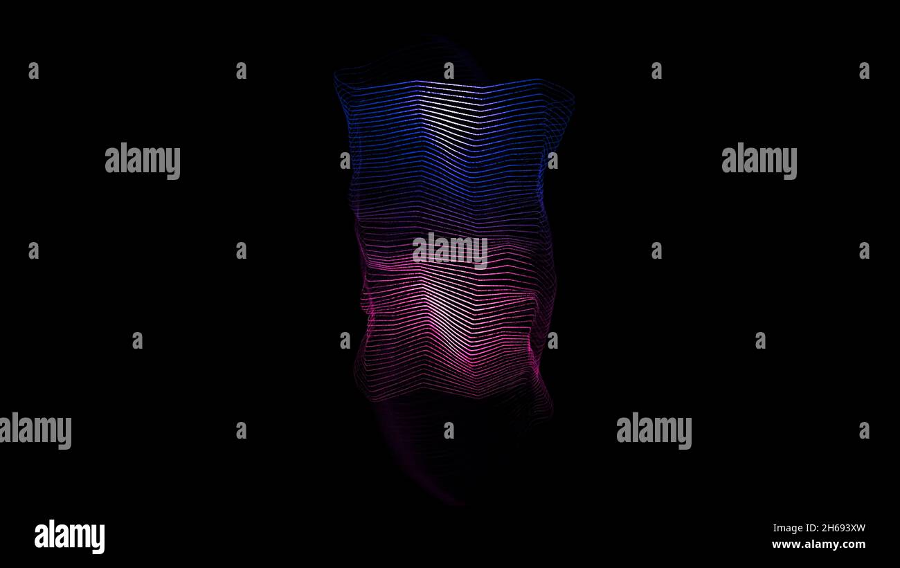 Punti colorati che si muovono nello spazio creando una forma. Animazione. Animazione astratta dei punti multicolore in movimento su sfondo nero. Foto Stock