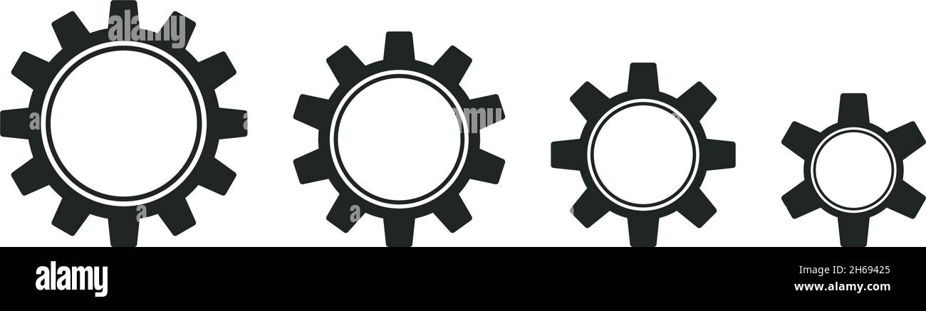 Set vettoriale a ruota dentata simboli in nero su sfondo bianco isolato. Quattro ruote a cremagliera nere con dodici, dieci, otto e sei denti uguali. Illustrazione Vettoriale