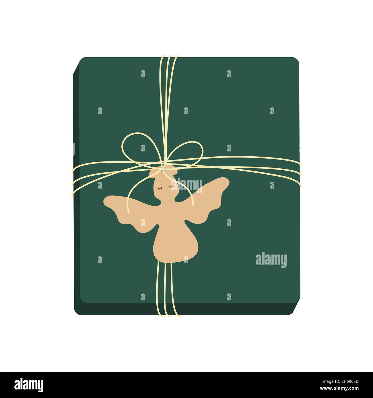 Confezione regalo con etichetta a forma di angelo. Design per biglietti d'auguri, striscioni, poster. Illustrazione vettoriale. Illustrazione Vettoriale