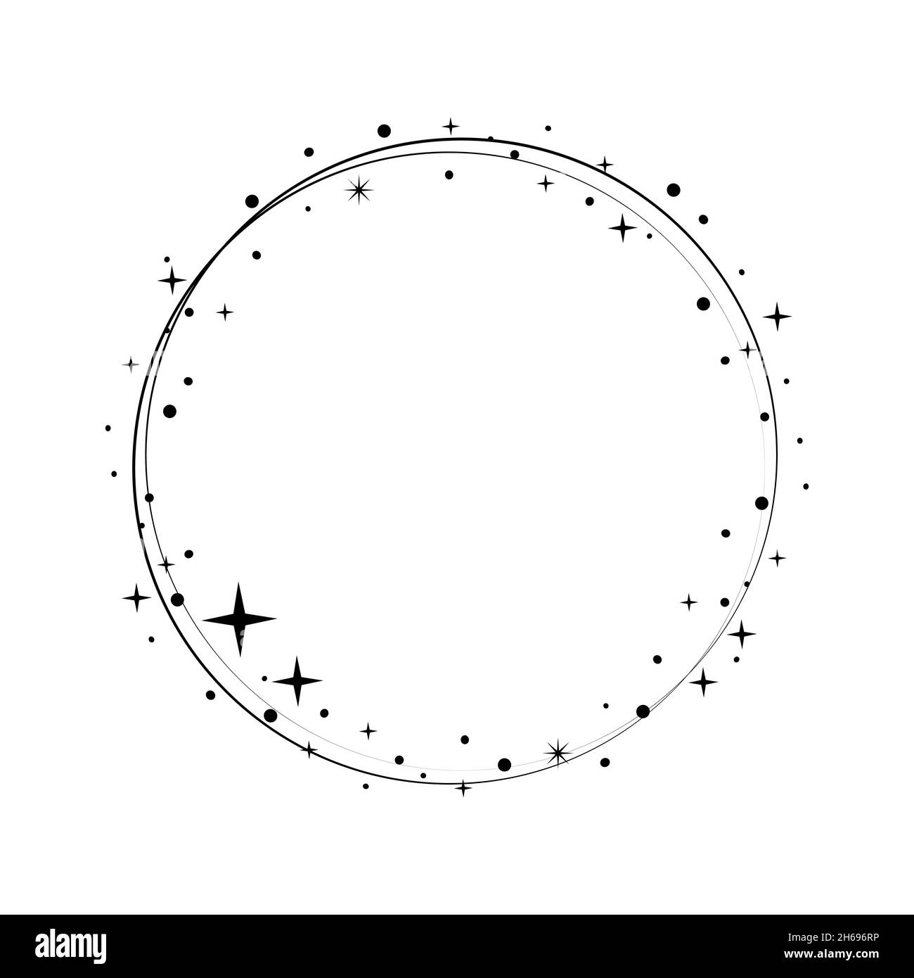 Cornice a stella scintillante. Corona rotonda Stardust bordo per festa, design arredamento compleanno. Telaio Laurel con brillantezza cosmica. Illustrazione del vettore piatto nero isolato. Illustrazione Vettoriale