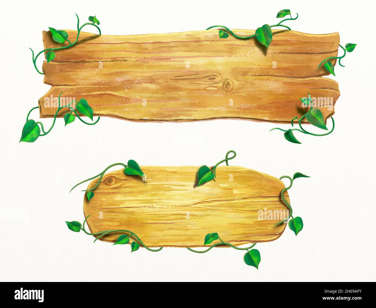 Segni di legno con alcune viti. Acquerello digitale, percorso di ritaglio incluso. Foto Stock