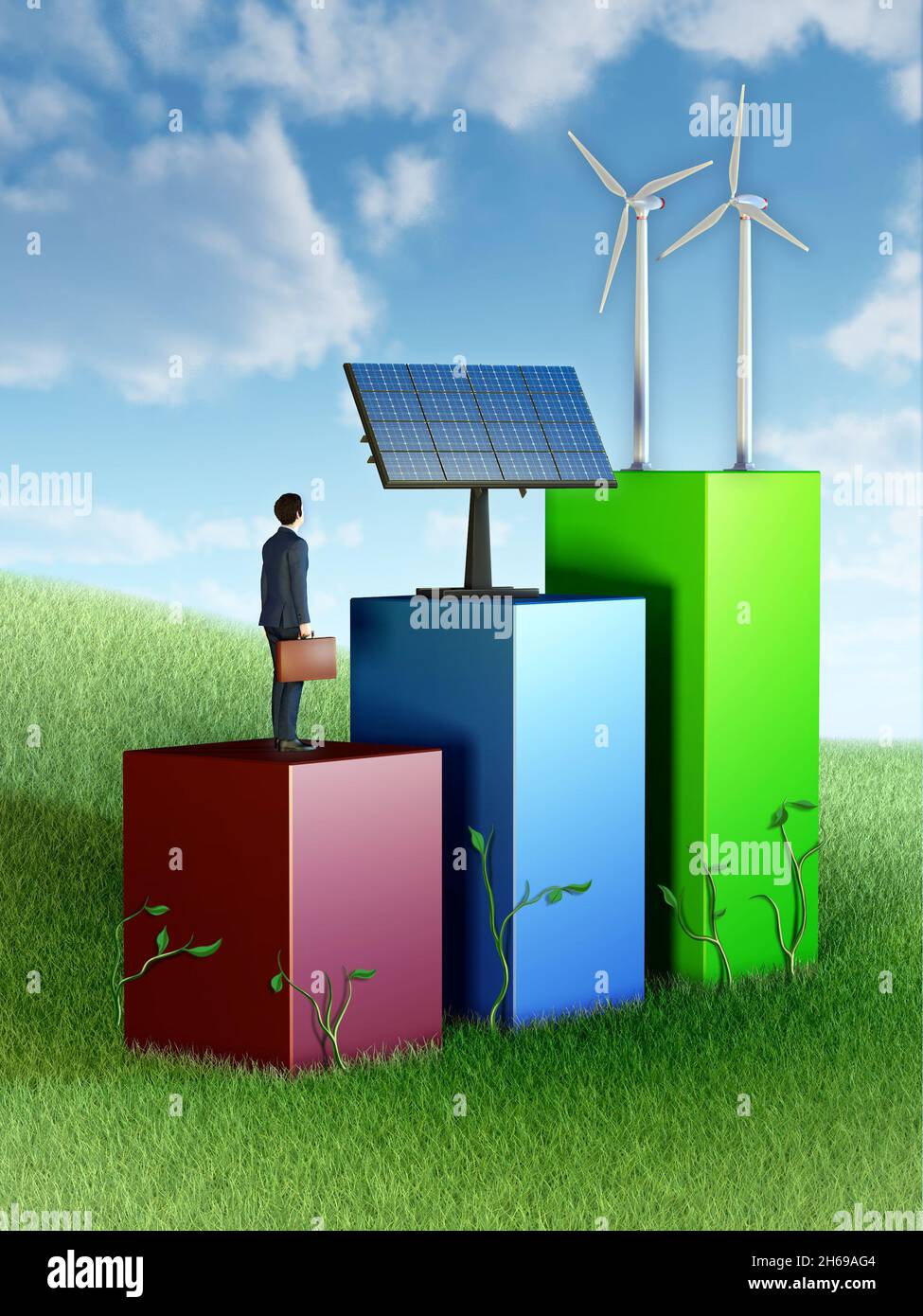 Grafico che mostra la crescita delle imprese attraverso gli investimenti in energie rinnovabili. Illustrazione 3D Foto Stock