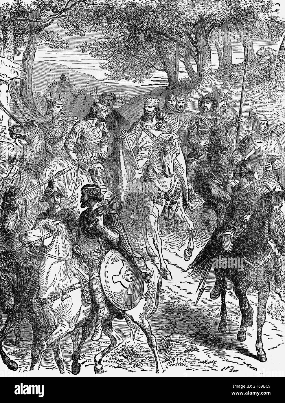 Un'illustrazione del tardo XIX secolo di Carlo Magno, noto anche come Carlo Magno (748-814), Re dei Franchi dal 768, Re dei Longobardi dal 774, e Imperatore dei Romani dal 800, con i suoi nobili. Durante l'Alto Medioevo, unì la maggior parte dell'Europa occidentale e centrale, il primo imperatore riconosciuto a governare dall'Europa occidentale dalla caduta dell'Impero Romano d'Occidente circa tre secoli prima. Lo stato Frankish espanso che Charlemagne ha fondato è conosciuto come l'impero carolingia. Foto Stock