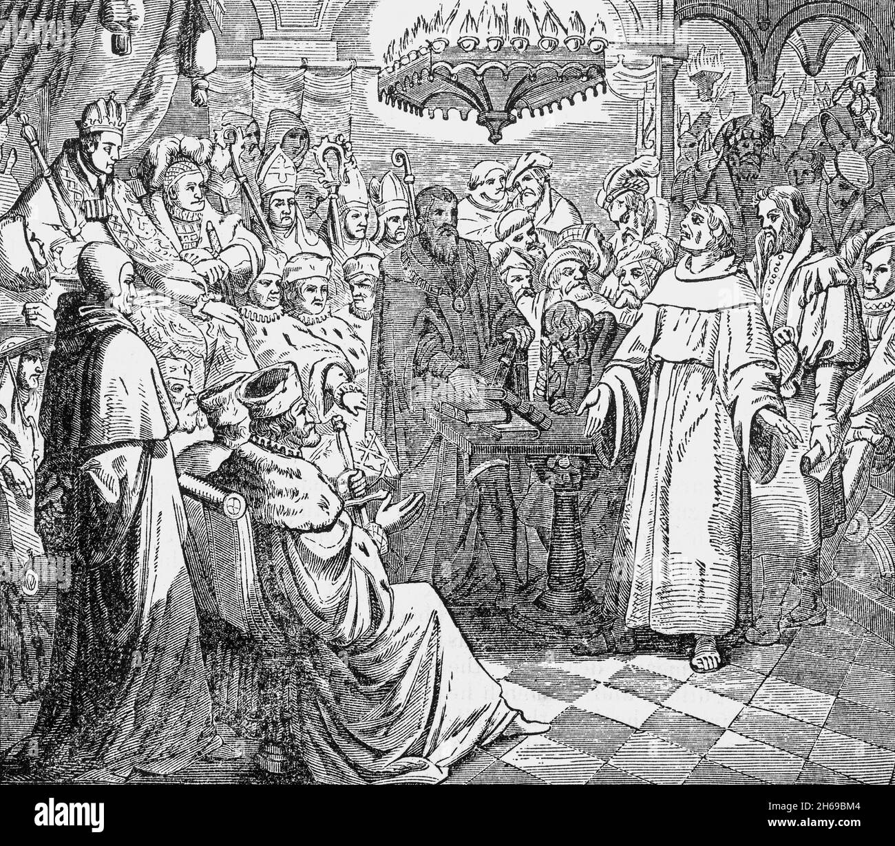 Un'illustrazione del tardo XIX secolo di Martin Lutero (1483-1546), un sacerdote e professore tedesco di teologia, meglio conosciuto come figura seminale nella riforma protestante la cui traduzione della Bibbia nel vernacolare tedesco (invece del latino) la rese più accessibile ai laici. Egli propose una discussione accademica sulla pratica e l'efficacia delle indulgenze nelle sue novantacinque tesi del 1517. Il suo rifiuto di rinunciare a tutti i suoi scritti su richiesta di Papa Leone X nel 1520 e il Sacro Romano Imperatore Carlo V alla Dieta dei Worms nel 1521 (illustrato) ha portato alla sua scomunica. Foto Stock