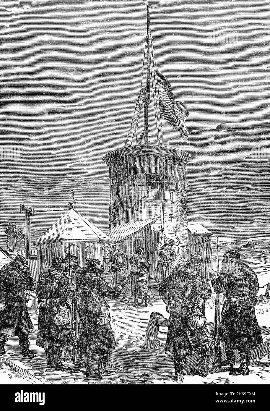 Un'illustrazione del tardo 19 ° secolo del sollevamento della bandiera tedesca dopo la (seconda) battaglia di Buzenval, noto anche come la battaglia di Mont Valérien, parte dell'assedio di Parigi durante la guerra franco-prussiana. Foto Stock