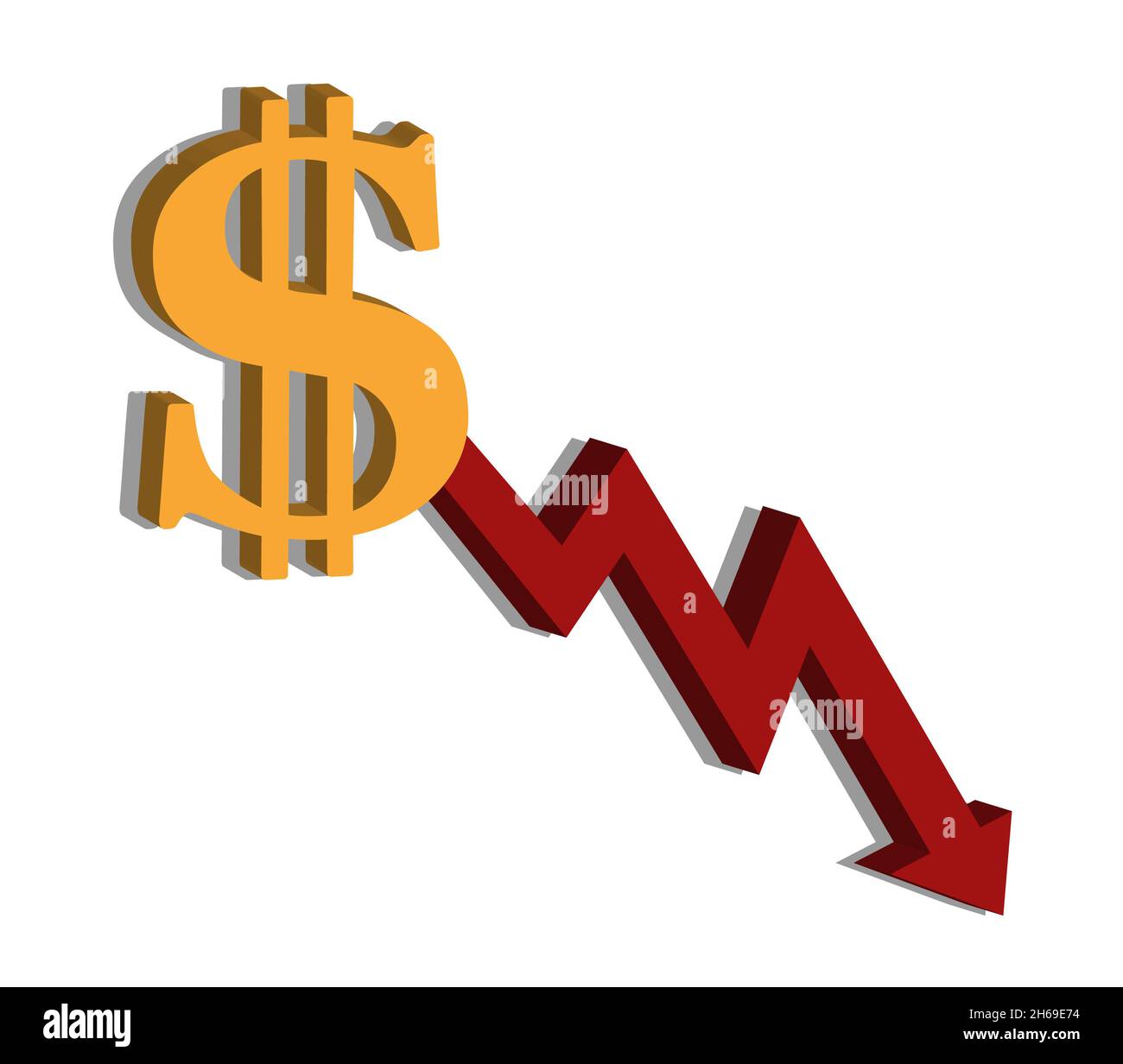 Dollaro e grafico, declino della valuta, icona del denaro raster Foto Stock