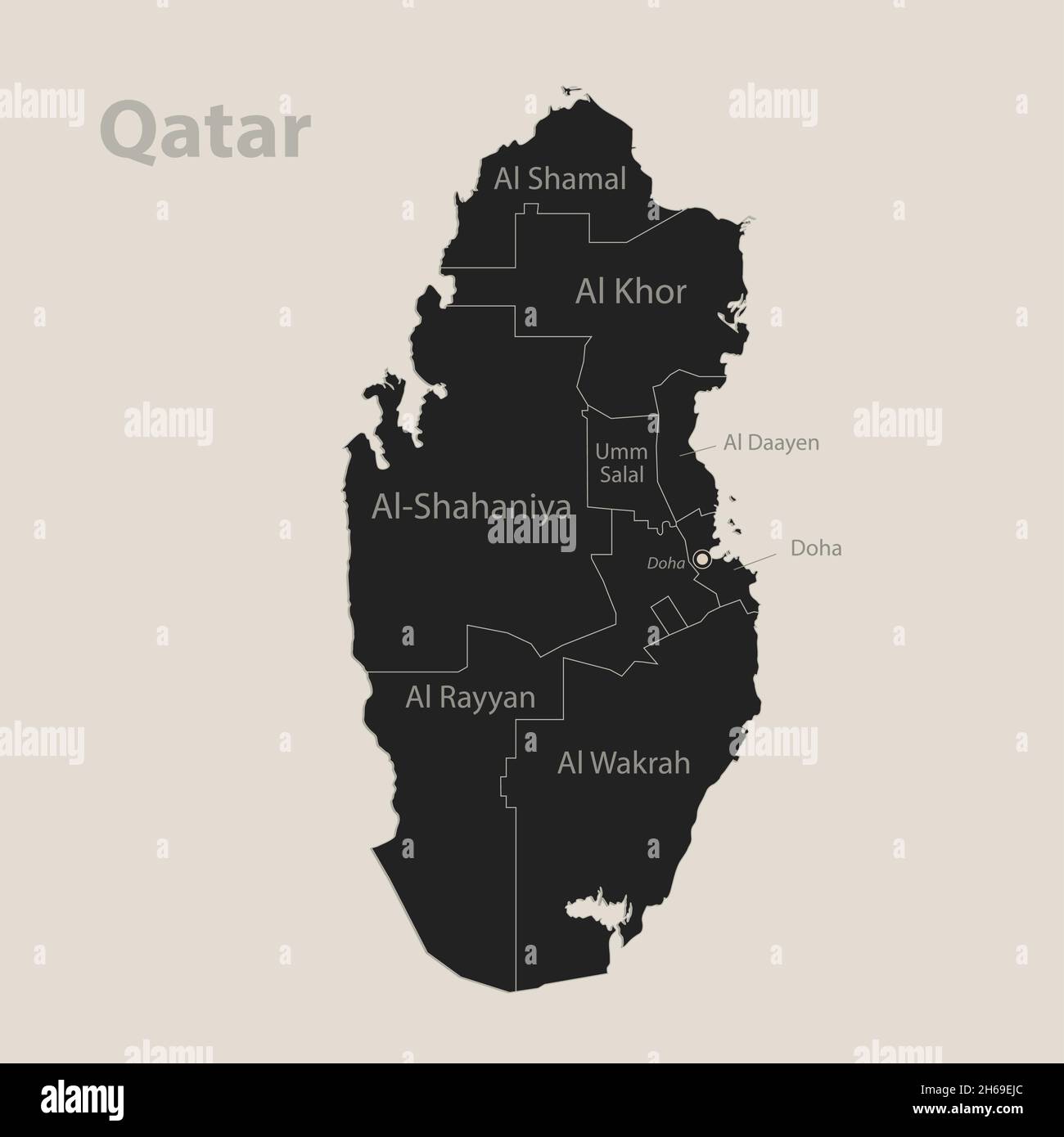 Mappa nera del Qatar con nomi di regioni, disegno vettore lavagna Illustrazione Vettoriale