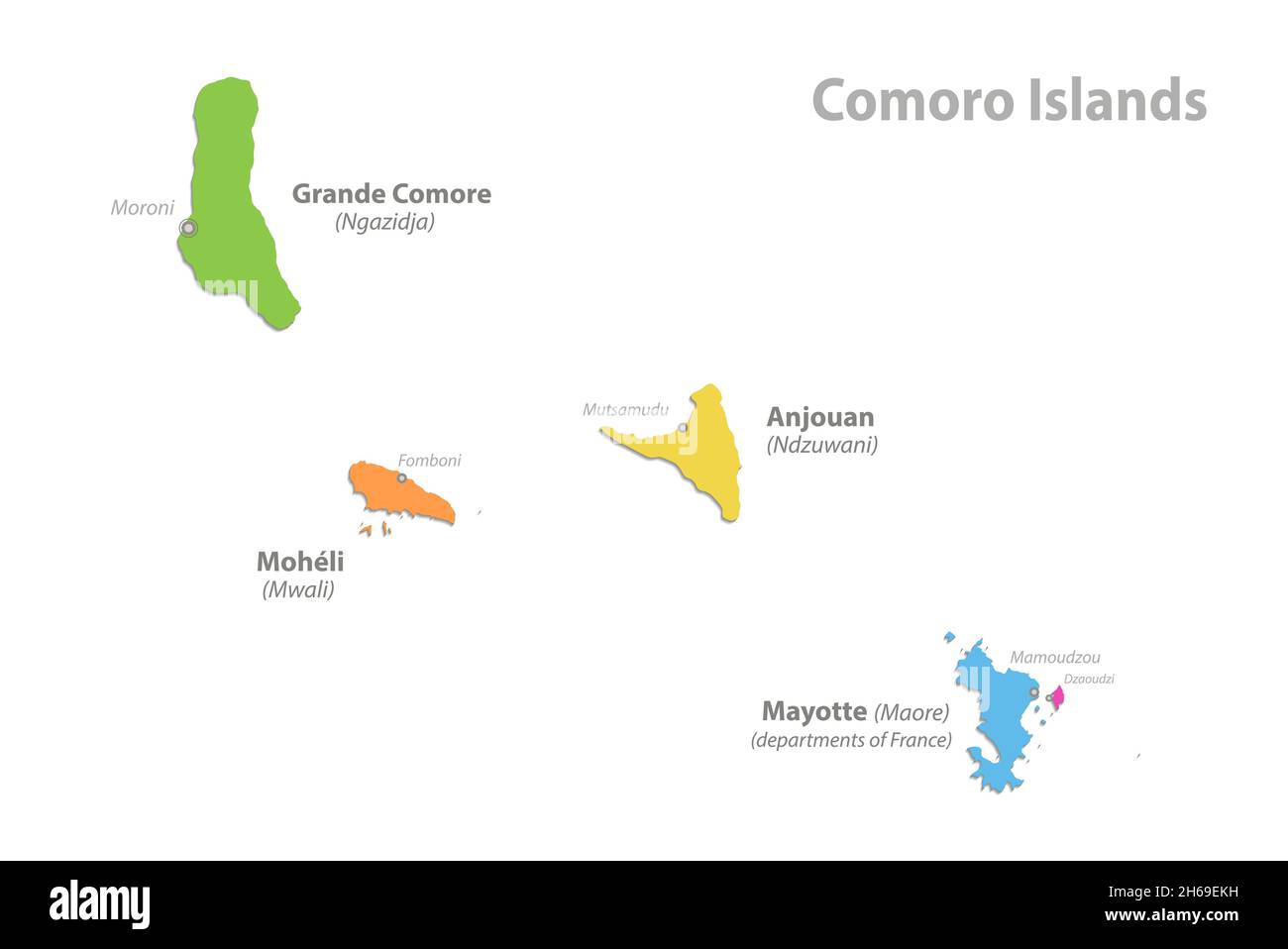 Mappa delle Isole Comoro, divisione amministrativa, separare le singole regioni con i nomi, mappa dei colori isolata su sfondo bianco Illustrazione Vettoriale