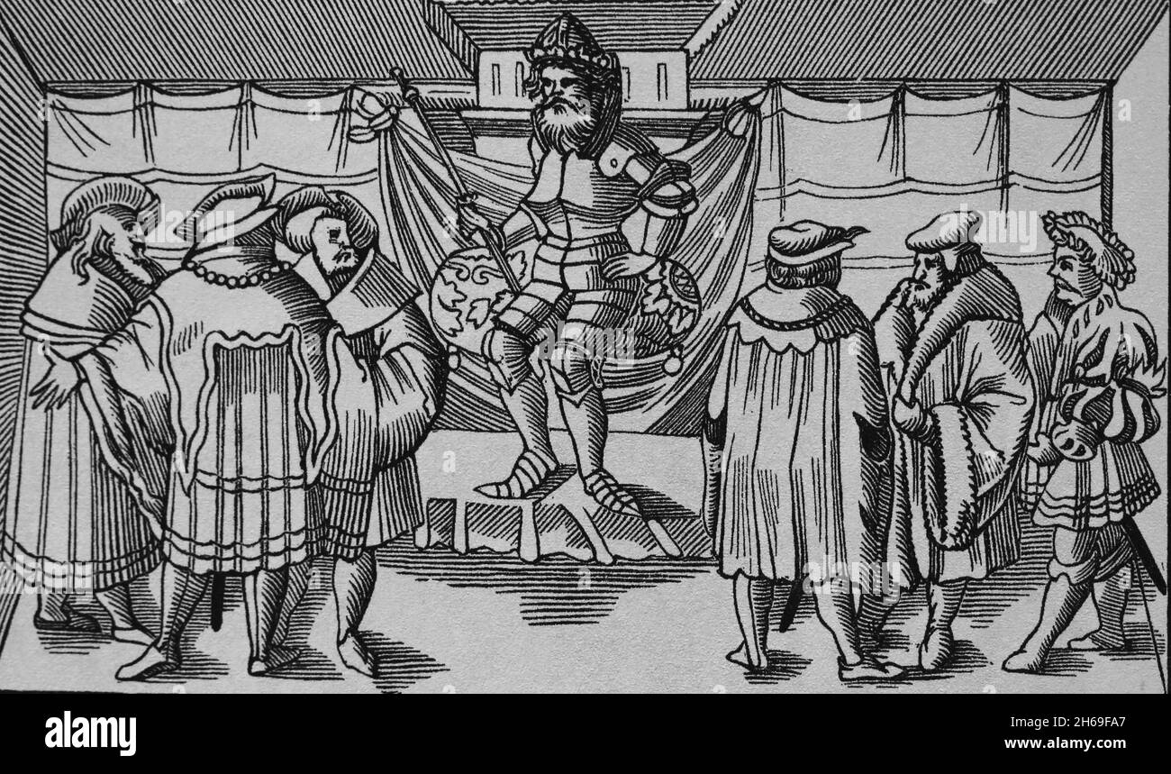 Giustizia medievale. Il tribunale di un barone. Copia dell'incisione in Cosmographie Universelle, di Munster, 1552. Foto Stock