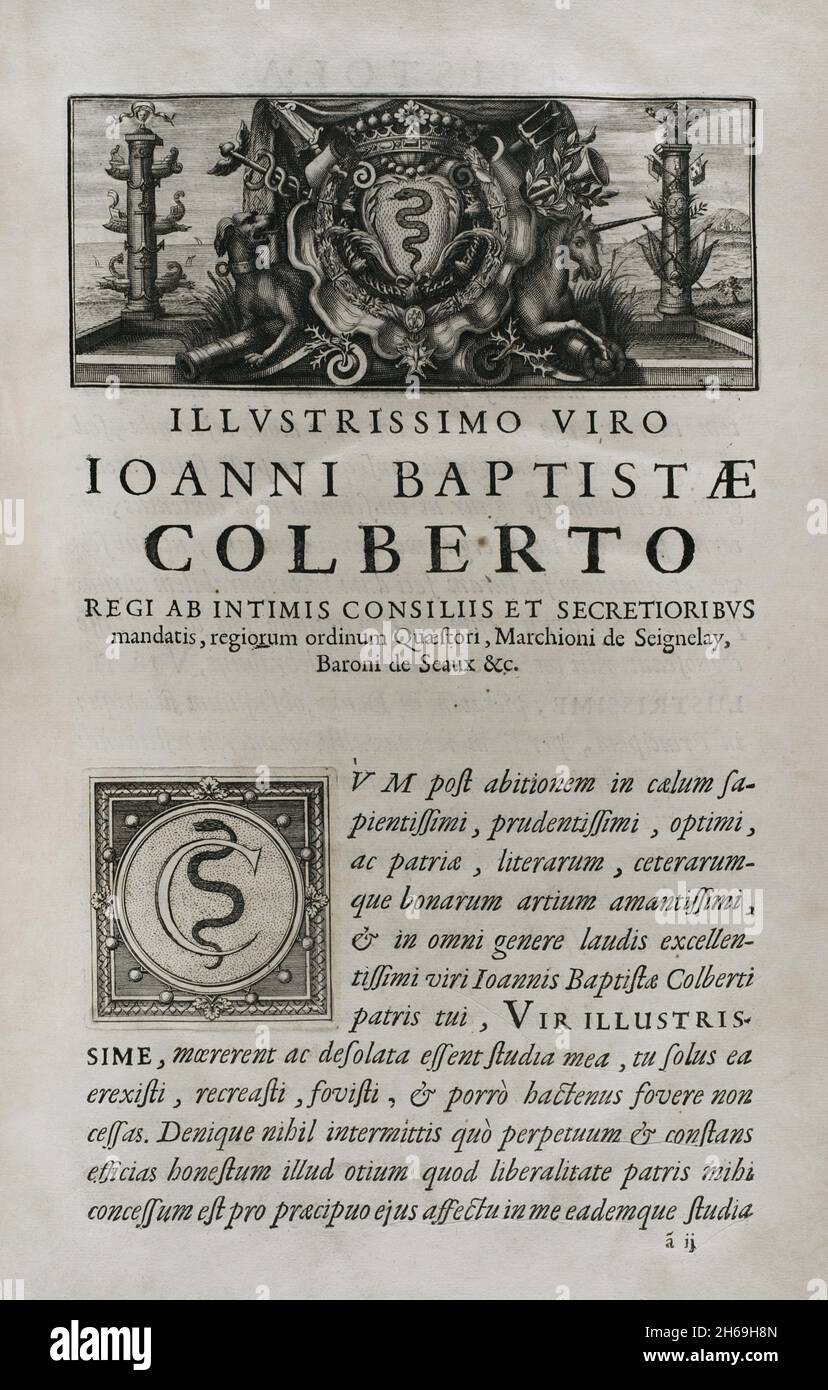 Illustrissimo Viro Ioanni Battistae Colberto, marchese di Seignelay (1651-1690). 'arca Hispanica sive limes hispanicus'. Libro scritto in latino da Pierre de Marca (1594-1662). Nel 1656 fu incaricato di formalizzare il trattato di confine tra i regni di Francia e Spagna, compito che si rifletteva in questa raccolta di cinque libri, rendendo il popolo francese consapevole della provincia annessa della Catalogna nel 1641. Etienne Baluze lo ingrandito e lo ha modificato. Pubblicato a Parigi da Francis Muguet nel 1688. Biblioteca militare storica di Barcellona. Catalogna, Spagna. Foto Stock