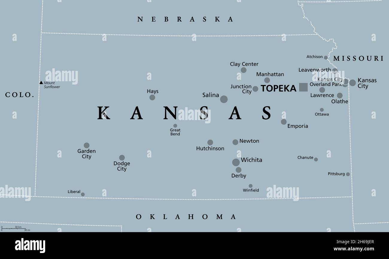 Kansas, KS, mappa politica grigia, con la capitale Topeka e le città più grandi. Stato nel Midwest degli Stati Uniti d'America, il Sunflower state. Foto Stock