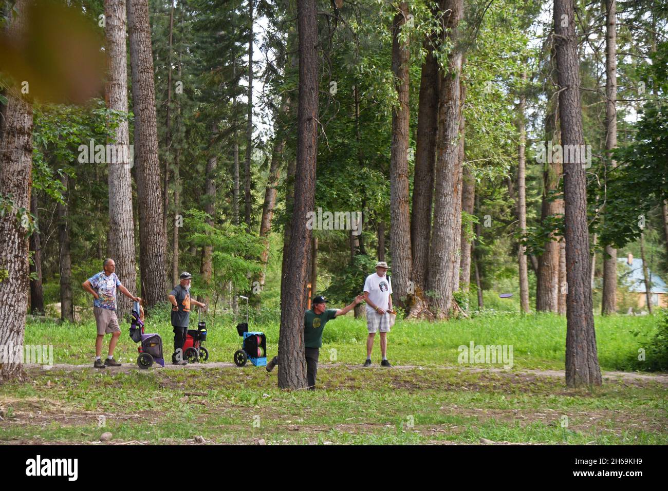 Chi gioca a disc golf al Timber Beast Disc Golf Course di Troy, nel Montana nord-occidentale. (Foto di Randy Beacham) Foto Stock