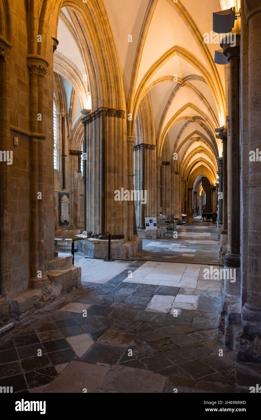 Guardando lungo la parete interna nord e volta costale (volta) nella Cattedrale di Chichester, Regno Unito. Grazie al Decano e Capitolo della Cattedrale di Chichester. Foto Stock