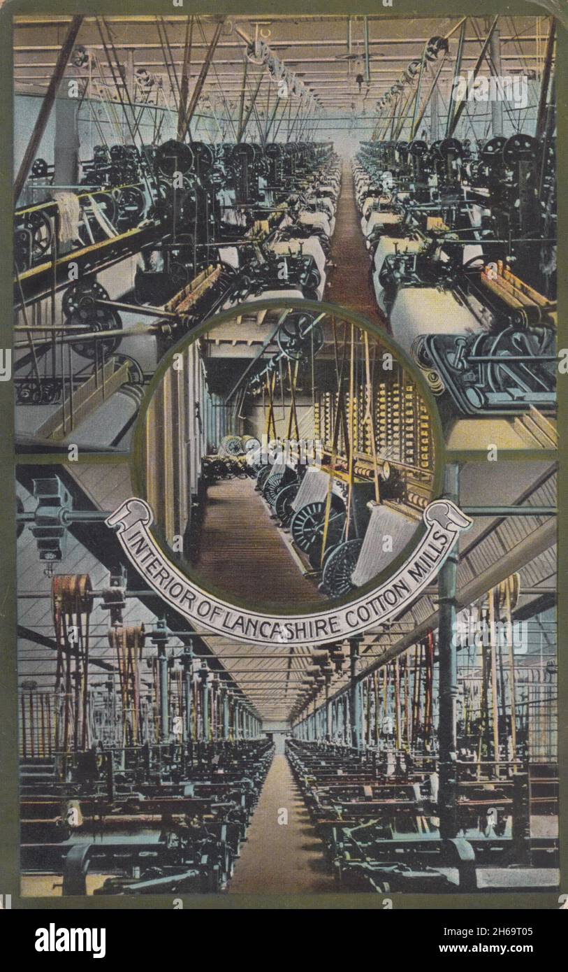 Interno di Lancashire Cotton Mills: Cartolina colorata che mostra macchinari di fabbrica, inizio 20 ° secolo Foto Stock