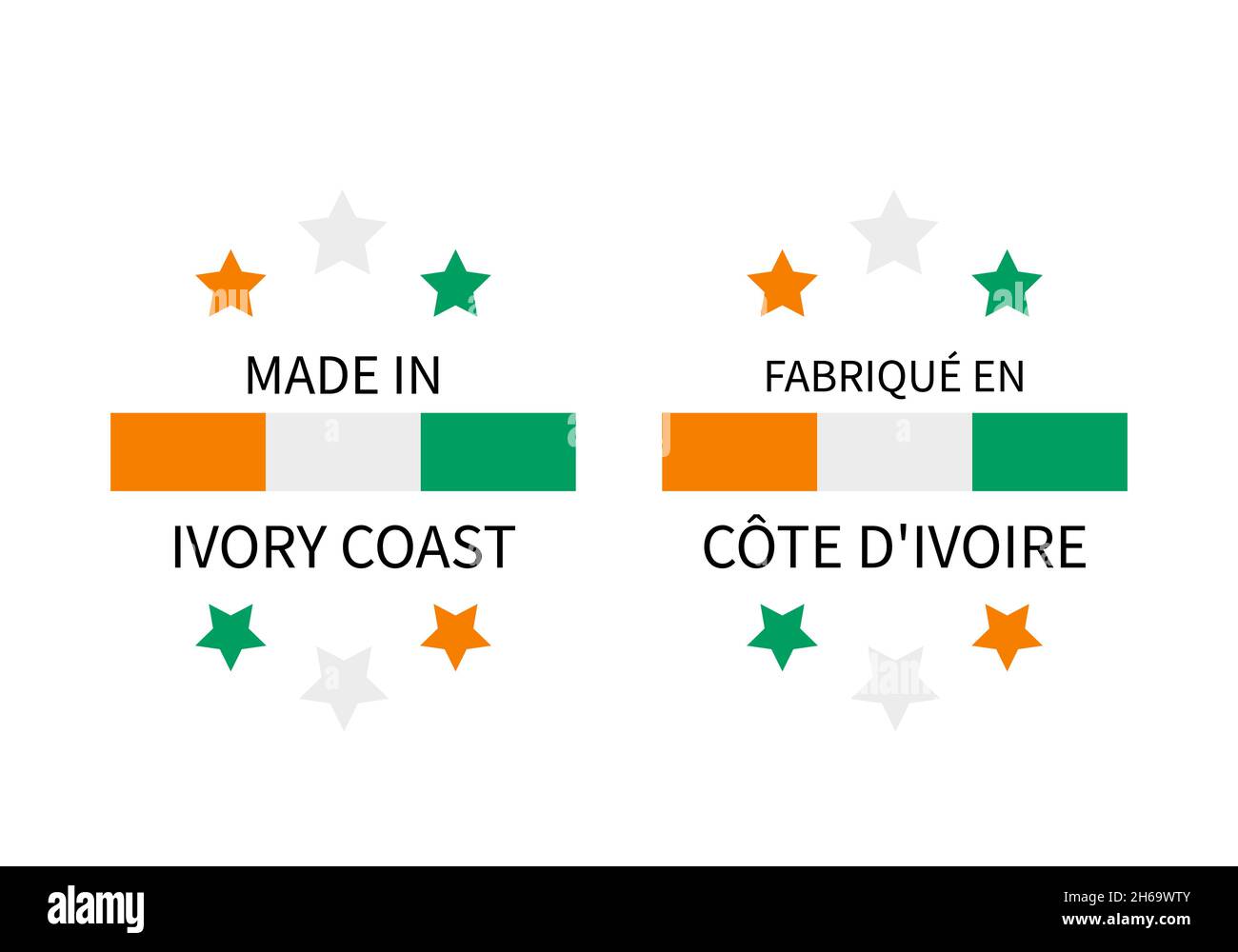 Etichette realizzate in Costa d'Avorio in inglese e in francese. Icona vettore del contrassegno di qualità. Perfetto per il design di logo, tag, badge, adesivi, emblema, prod Illustrazione Vettoriale
