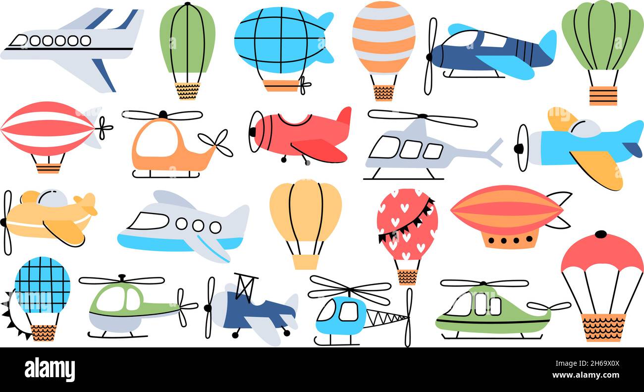Trasporto aereo in stile infantile, aereo, elicottero, aereo e mongolfiera. Aerei volanti per bambini decorazione asilo nido, vettore di viaggio set Illustrazione Vettoriale