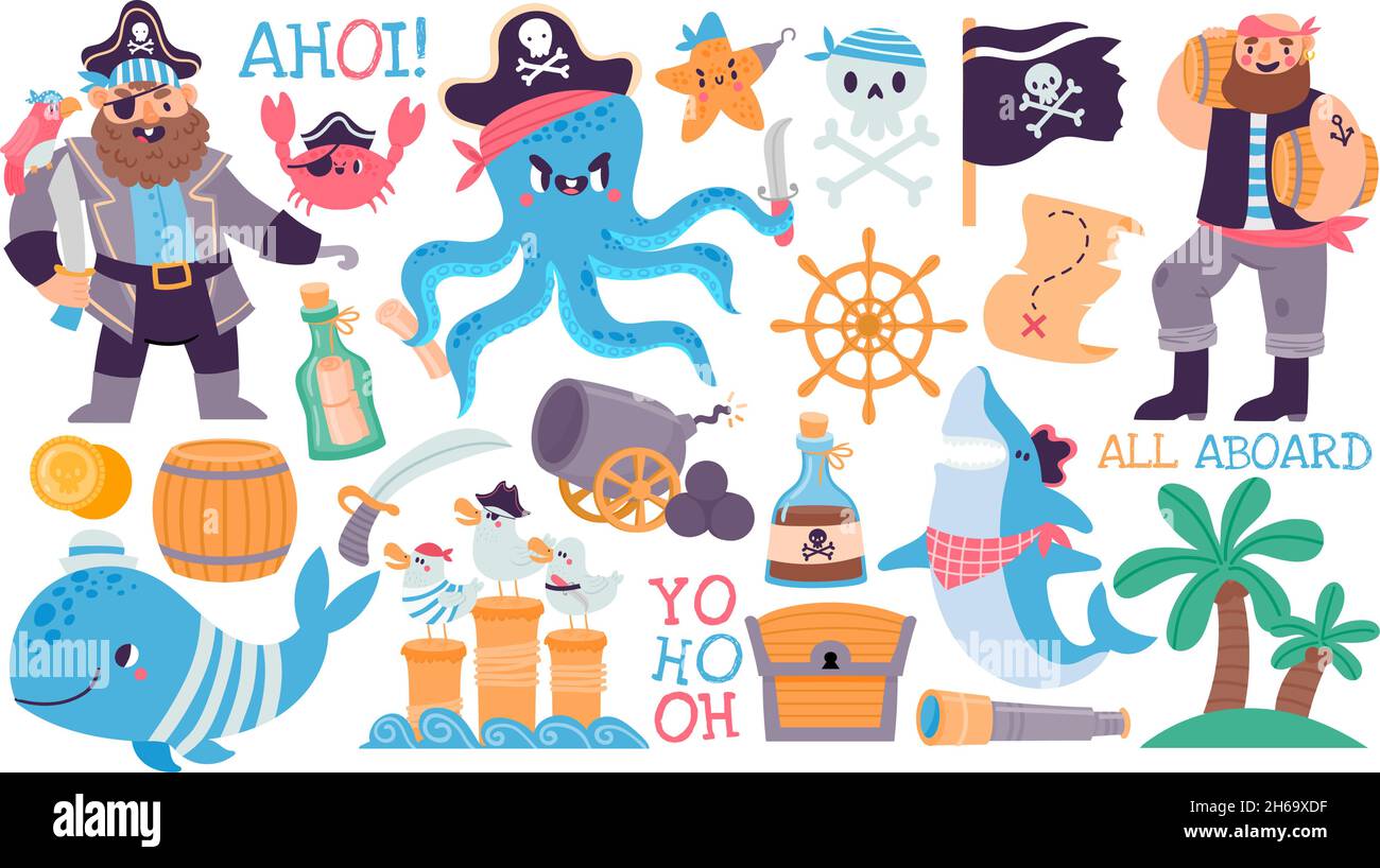 Capitano e marinaio pirata cartoon, teschio, tesoro e mappa. Avventura isola, squalo, polpo, bandiera e rum. Set vettore pirati bambini Illustrazione Vettoriale