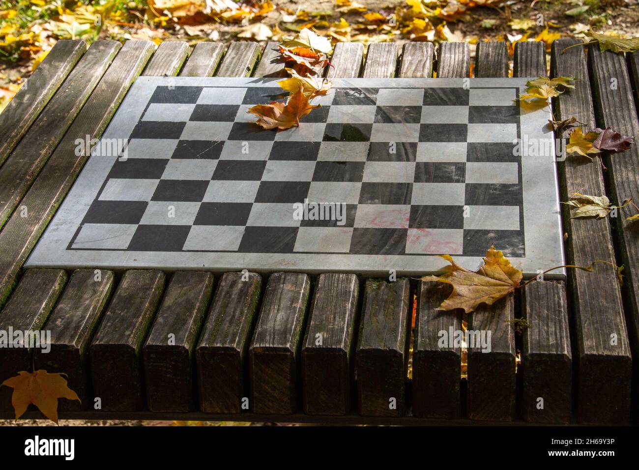 Strasburgo, Francia, 31 ottobre 2021, gioco di scacchi all'aperto con foglie autunnali. Nel parco Orangerie Foto Stock