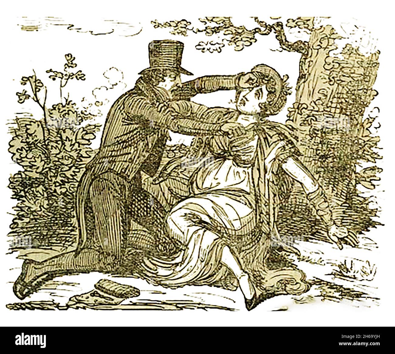 1824 George Caddell di Bromsgrove, che era un farmacista e un chirurgo autodidatta, fu giustiziato per l'omicidio del suo amante incinta (che portava il figlio di un soldato), Elizabeth Price, che aveva promesso di sposarsi e poi cambiò idea. Dopo aver tagliato la gola in un campo fece la sua fuga, lasciandogli dietro il coltello e il suo caso di strumenti che bastavano a condannarlo. Fu giudicato colpevole e condannato a morte per esecuzione il 21 luglio 1700. Foto Stock