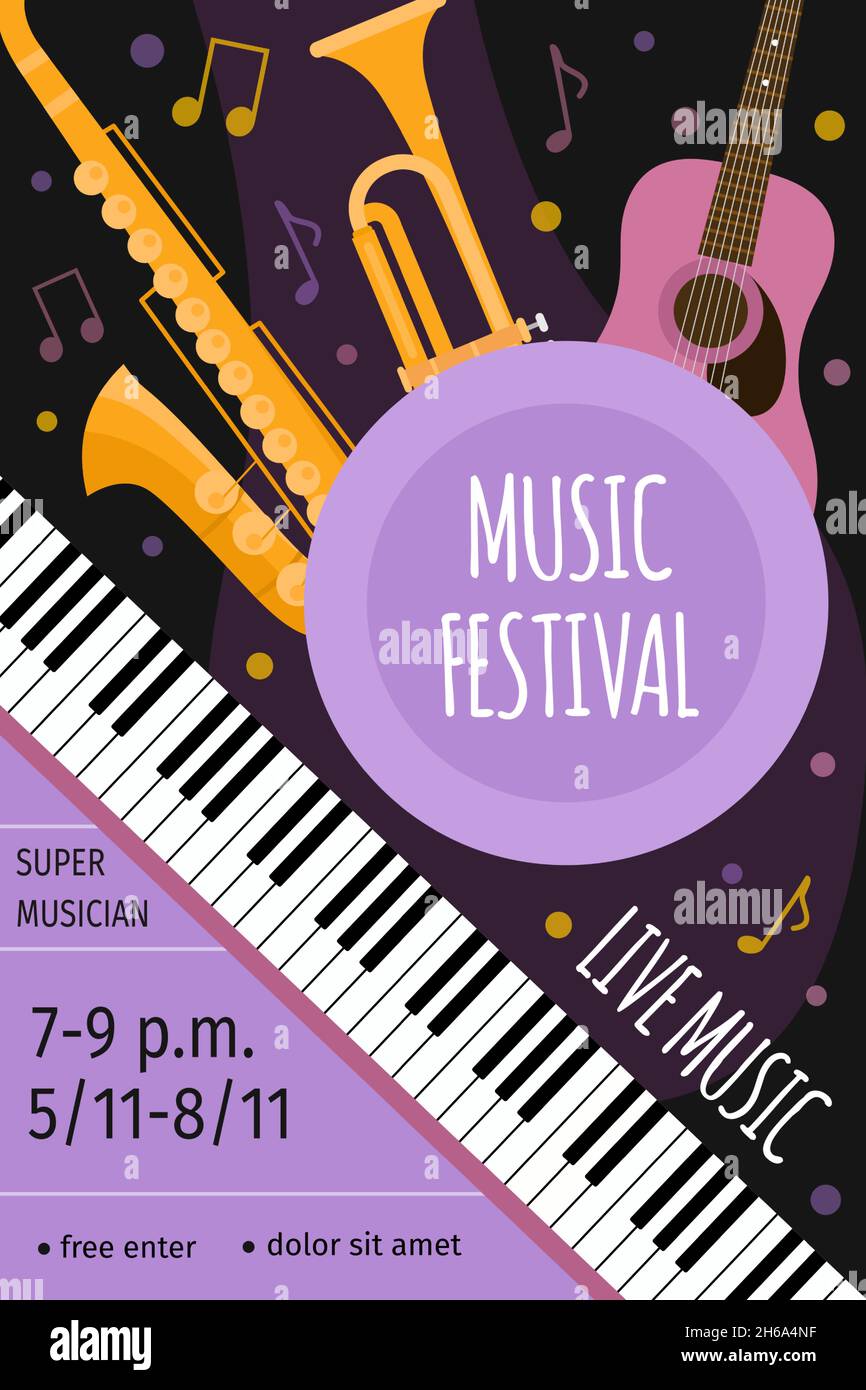 Poster di eventi del festival di musica dal vivo con chitarra, sassofono e tastiere. Design flyer flat con sagoma vettoriale per strumenti musicali Illustrazione Vettoriale