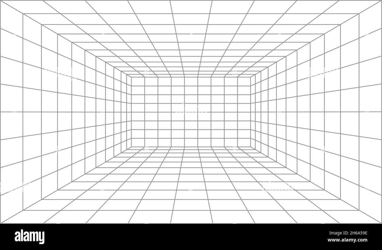 griglia della linea di prospettiva 3d, sfondo della stanza a reticolo. Camera futuristica con ciberbox. Cyber, superficie virtuale Illustrazione Vettoriale