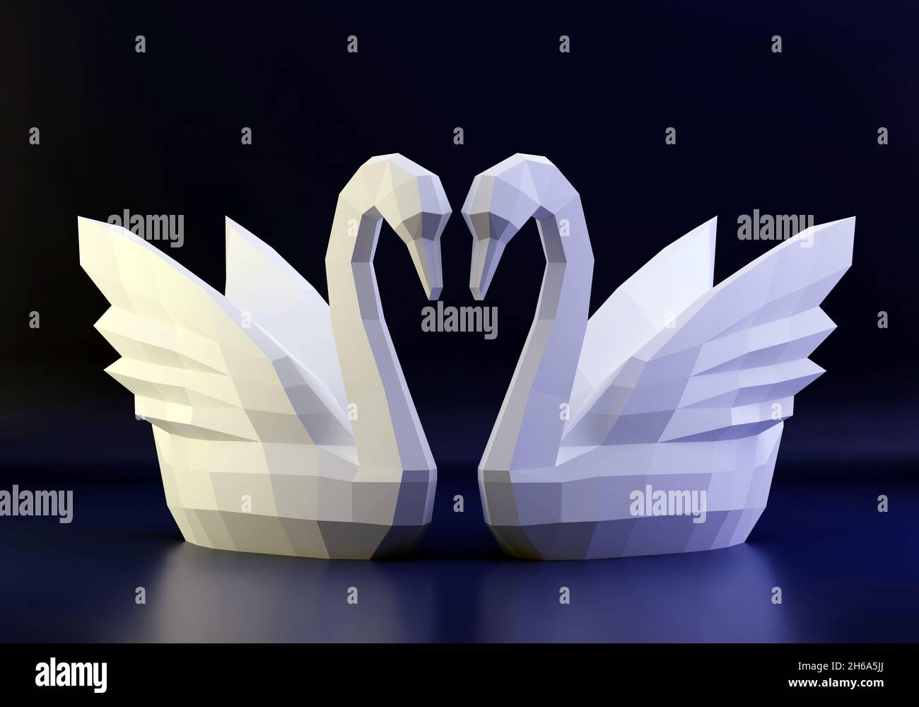 Scultura su carta di un Swan poligonale, animale di carta piegato, papercraft, concetto di amore di due cigni, rendering 3d Foto Stock
