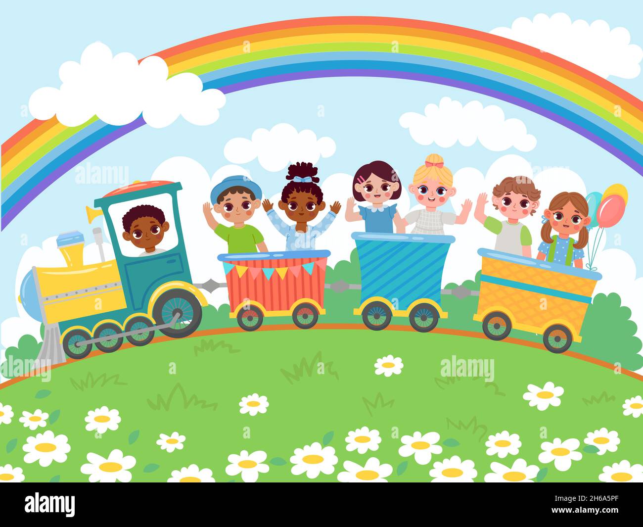 Kindergarten Cartoon bambini felici cavalcare sul treno giocattolo. Bambini felici seduti in carrozze sotto l'arcobaleno in vettore aereo Illustrazione Vettoriale