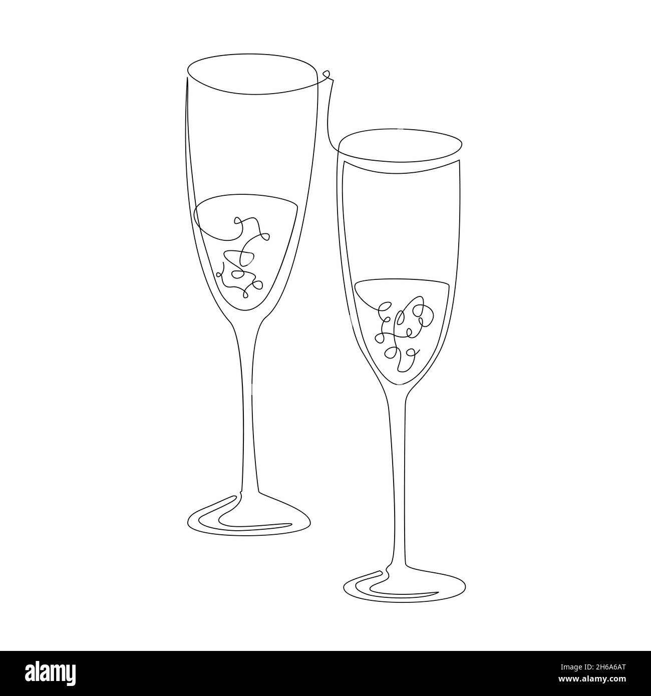 Due calici con champagne, uno stile di disegno continuo. Due bicchieri di vino, illustrazione vettoriale isolato su bianco Illustrazione Vettoriale