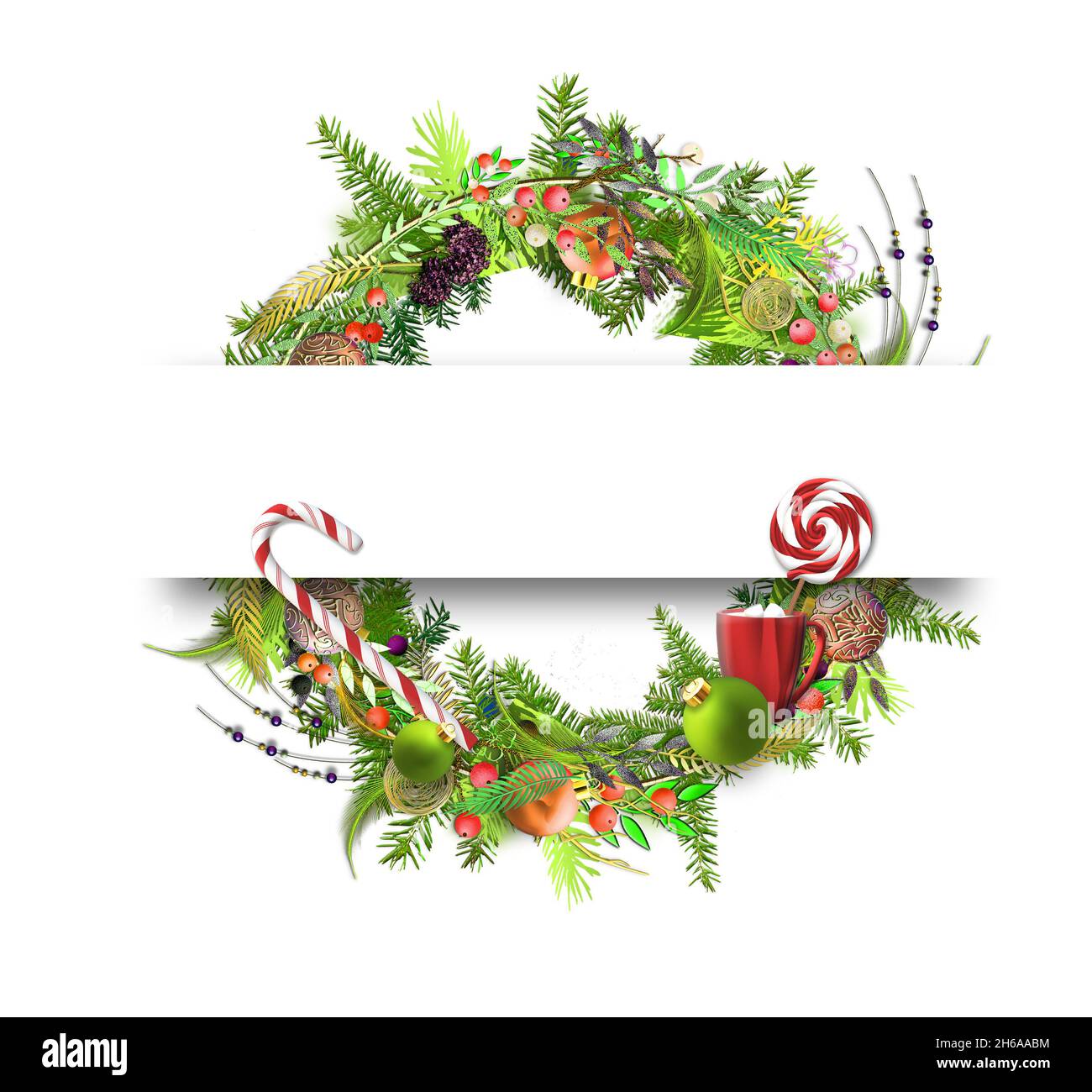 Natale design isolato su bianco. Corona invernale di Natale con baubles rossi, caramelle, rami di abete di Natale. Ghirlone natalizio in una striscia di carta. 3D rendering. Carta di invidia per le festività Foto Stock