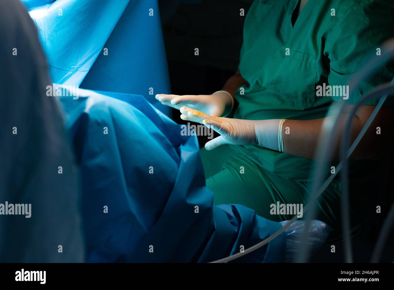 Le mani del medico con le dita sparse in guanti chirurgici sterili. Foto Stock