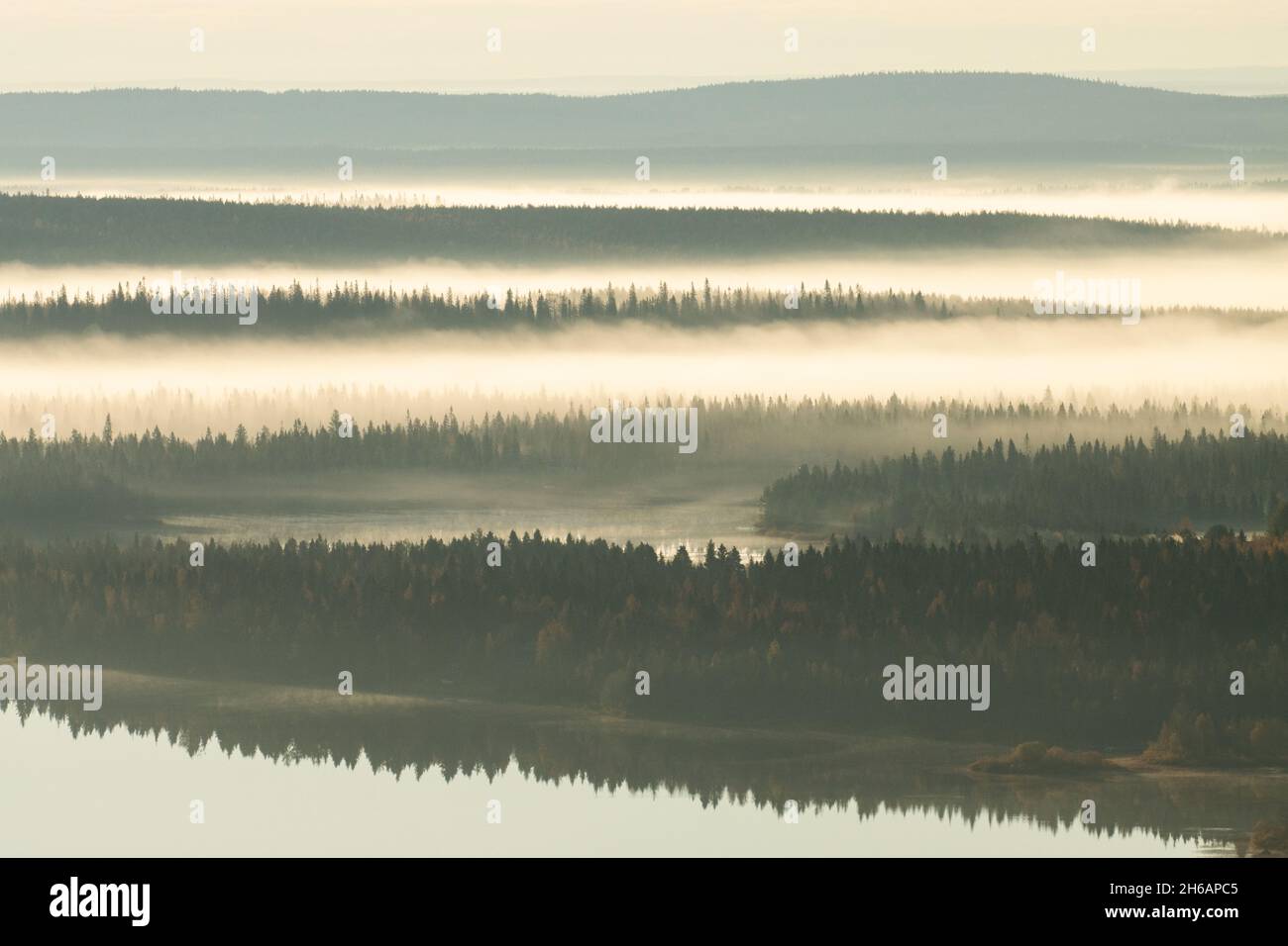 Belle campane nella nebbia durante una mattina tranquilla vicino a un lago nella Finlandia settentrionale vicino Kuusamo in autunno. Foto Stock