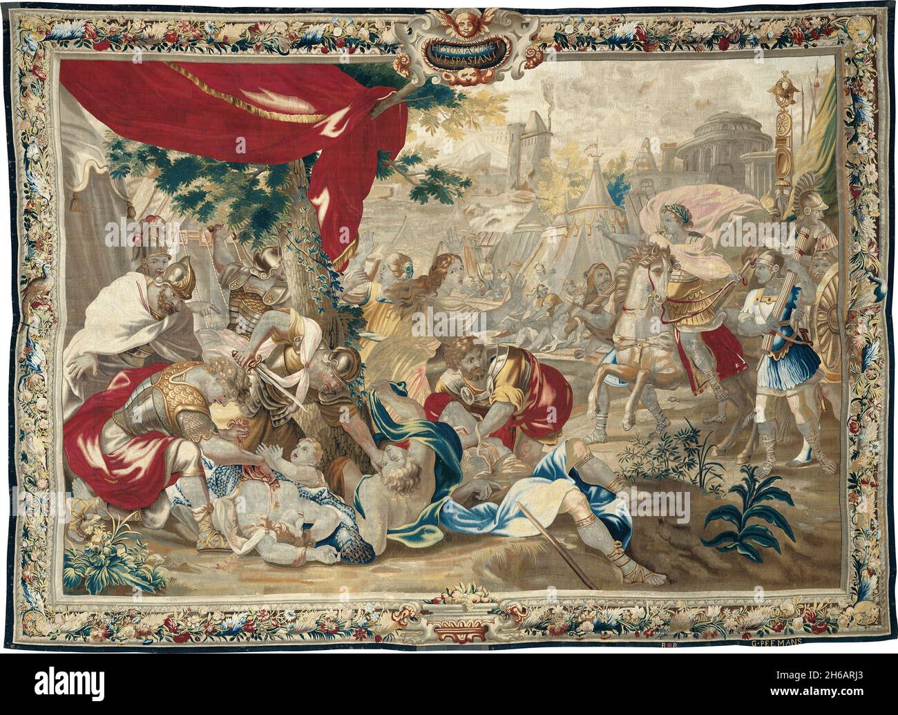 Il massacro a Gerusalemme, dalla Storia di Tito e Vespasiano, Bruxelles, 1650/75. Tessuto al laboratorio di Gerard Peemans, dopo un disegno di Charles Poerson. Foto Stock Il massacro a Gerusalemme, dalla Storia di Tito e Vespasiano, Bruxelles, 1650/75. Tessuto al laboratorio di Gerard Peemans, dopo un disegno di Charles Poerson. Foto Stock
