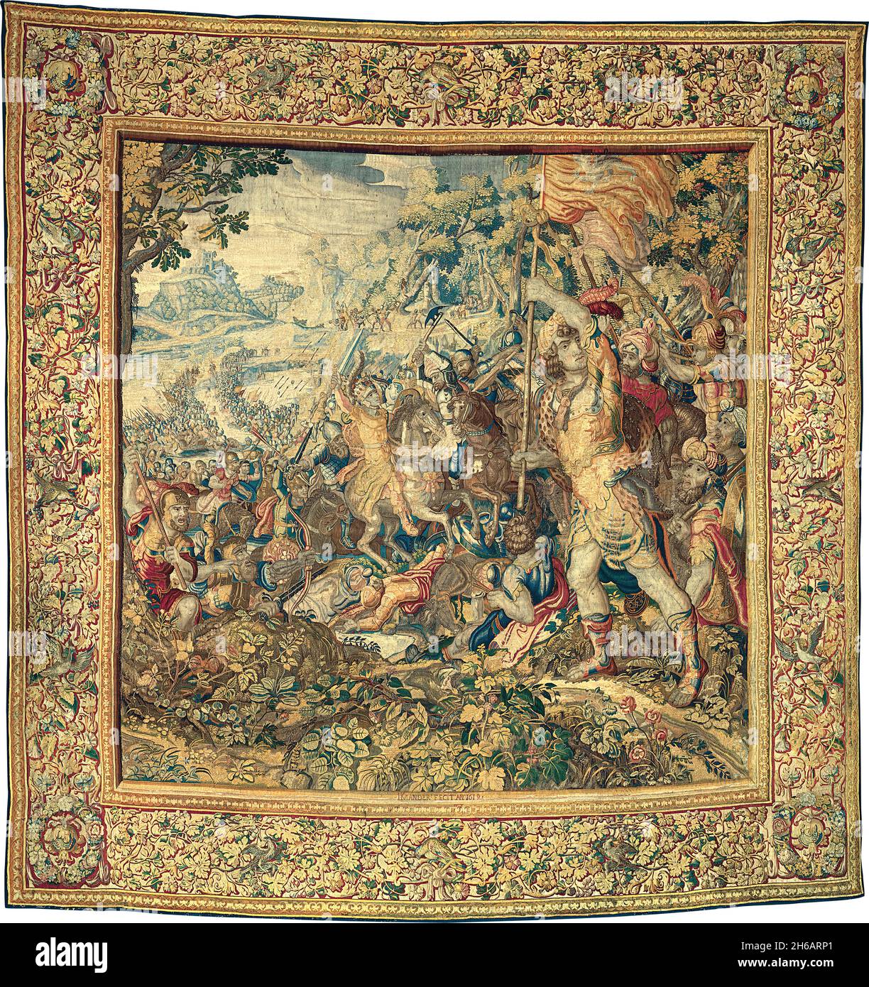 Il passaggio del Granico, dalla Storia di Alessandro il Grande, Olanda, 1619. Battaglia combattuta nel 334 a.C. tra i macedoni guidati da Alessandro Magno e i Persiani. Tessuto al laboratorio di Karel van Mander il giovane, dopo un disegno da lui. Foto Stock