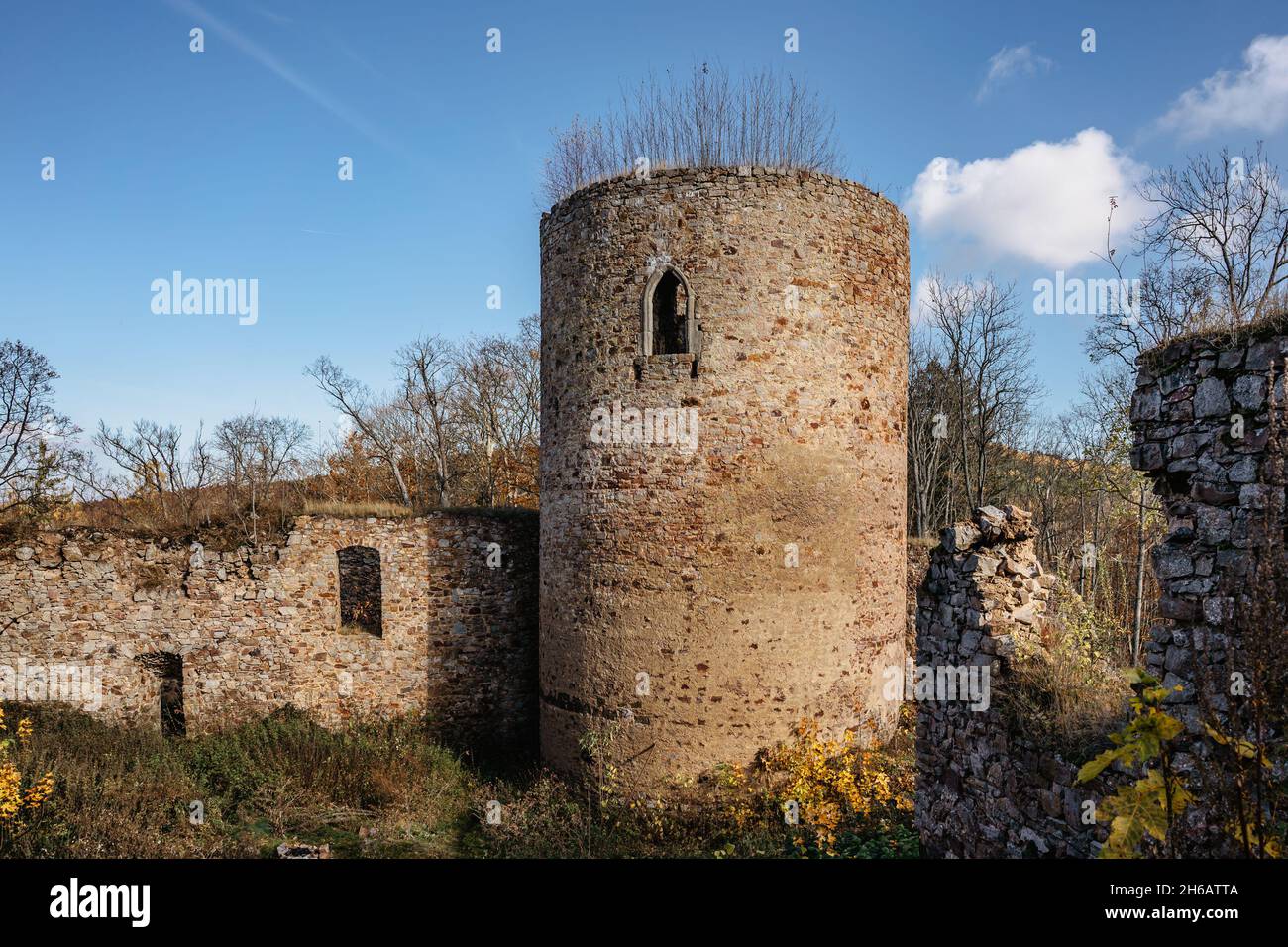 Rovine del Castello di Valdek in Boemia centrale, Brdy, Repubblica Ceca. È stato costruito nel 13 ° secolo da famiglia aristocratica. Ora c'è un'area di addestramento militare Foto Stock