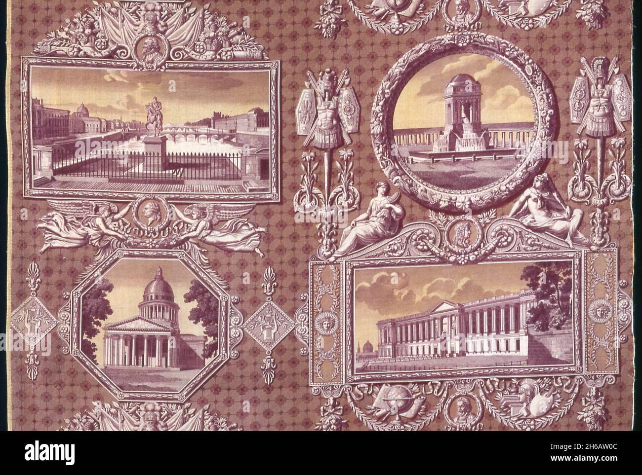 Les Monuments de Paris (i Monumenti di Parigi) (tessuti d'arredo), Francia, 1816/18. Progettato da Hippolyte Lebas, inciso da Nicolas Auguste Leisnier, prodotto da Christophe Philippe Oberkampf. Foto Stock