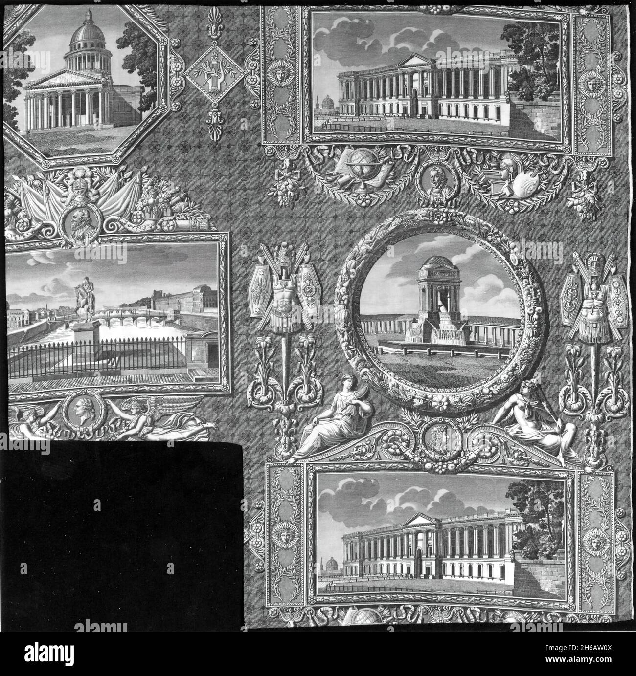 Les Monuments de Paris (i Monumenti di Parigi) (tessuti d'arredo), Francia, 1816/18. Progettato da Hippolyte Lebas, inciso da Nicolas Auguste Leisnier, prodotto da Christophe Philippe Oberkampf. Foto Stock