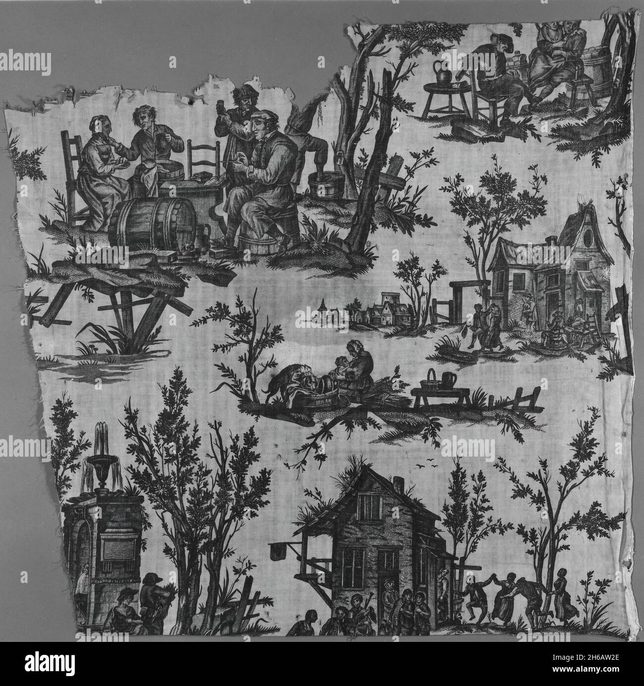 Scene Flamandes (tessuti d'arredo), Francia, 1775/1800. Scene fiamminghe, disegnate da Jean Baptiste Huet dopo Cornelis Pietersz. Bega, prodotto da Oberkampf Manufactory. Foto Stock