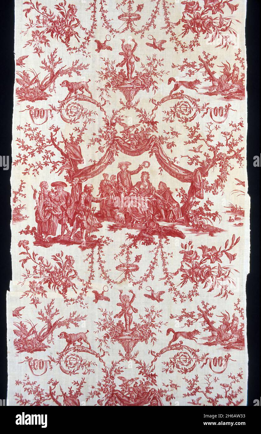 Le Couronnement de la Rosi&#xe8;re (il coronamento della Rose Maiden) (tessuto d'arredamento), Francia, c.. 1780. Progettato da Jean Baptiste Huet dopo Jean Baptiste Greuze, prodotto da Oberkampf Manufactory. Foto Stock