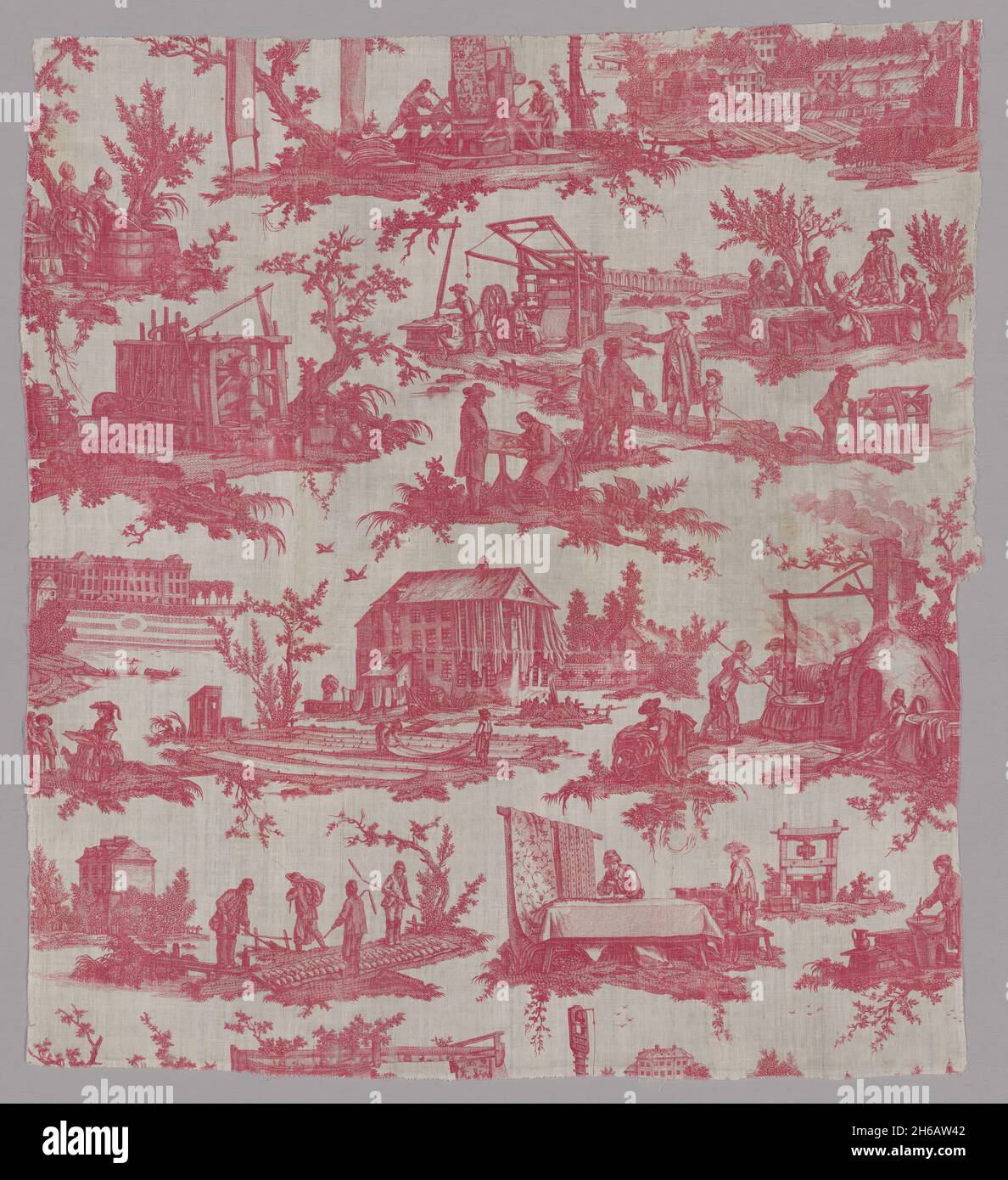 Les Travaux de la Manufacture (le attività della fabbrica) (tessuti d'arredamento), Francia, 1783/84. Tintura e stampa di tessuti prodotti in serie. Progettato da Jean Baptiste Huet, prodotto da Oberkampf Manufactory. Foto Stock