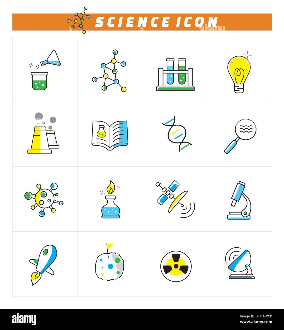 Elementi vettoriali unici delle icone scientifiche con colore. Adatto per la progettazione con un tema di laboratorio o in relazione al campo scientifico Illustrazione Vettoriale