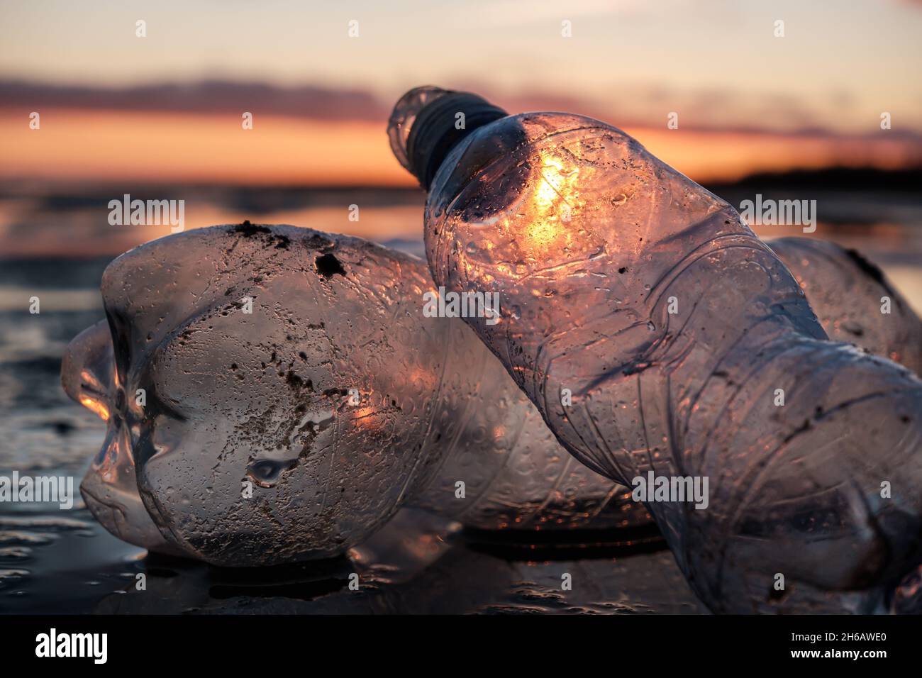 Primo piano di bottiglie di plastica gettate sulla riva nella retroilluminazione. Inquinamento ambientale causato dalla plastica. Confezione riciclabile. Foto Stock