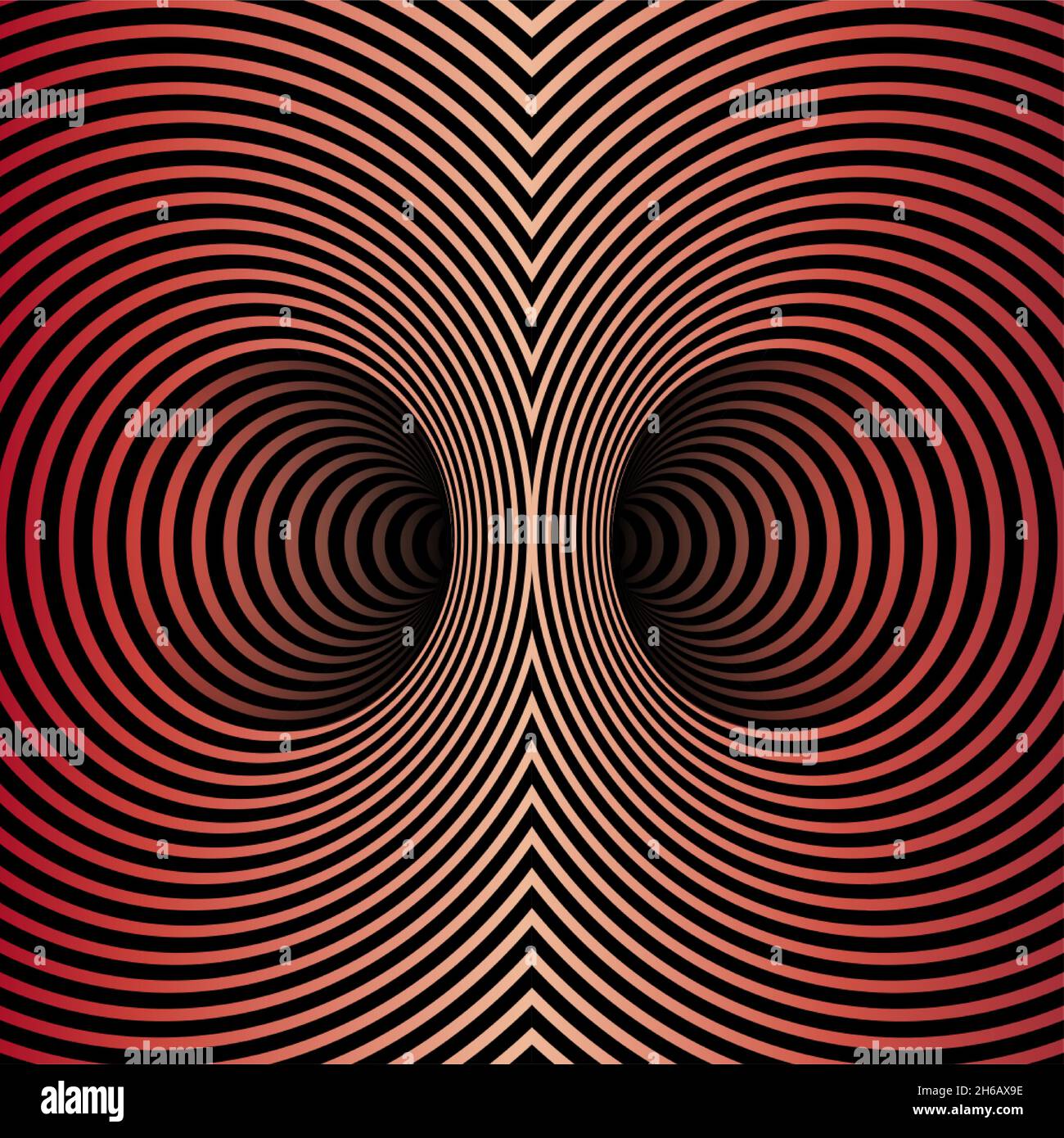 Wormhole Optical Illusion, Geometric Dark Red gradient Abstract Hypnotic Double Worm Hole Tunnel, Abstract Twisted Vector Illusion 3D Optical Art Illustrazione Vettoriale