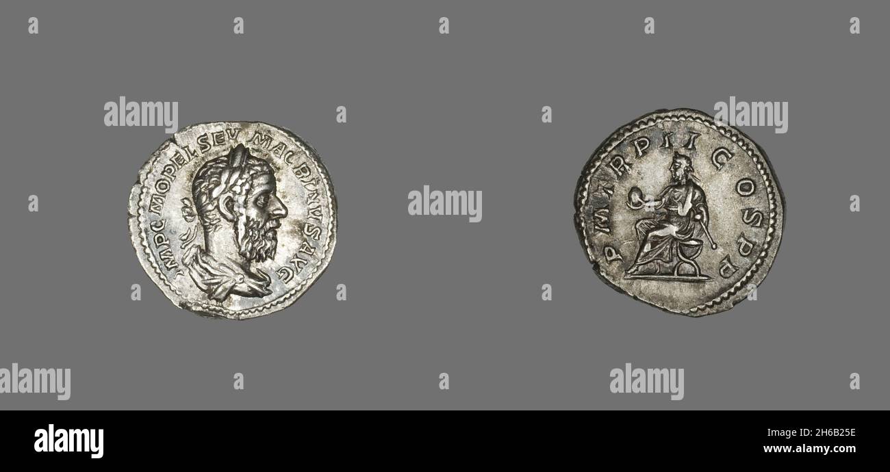 Denarius (Coin) raffigurante Macrinus, 217 (dicembre). Foto Stock