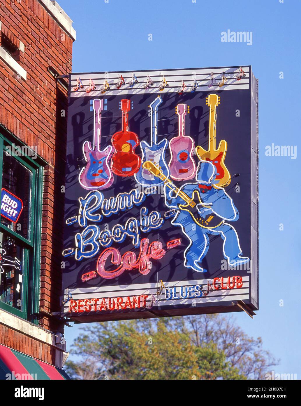 Cartello rum Boogie Cafe, Beale Street, Beale Street District, Memphis, Tennessee, Stati Uniti d'America Foto Stock
