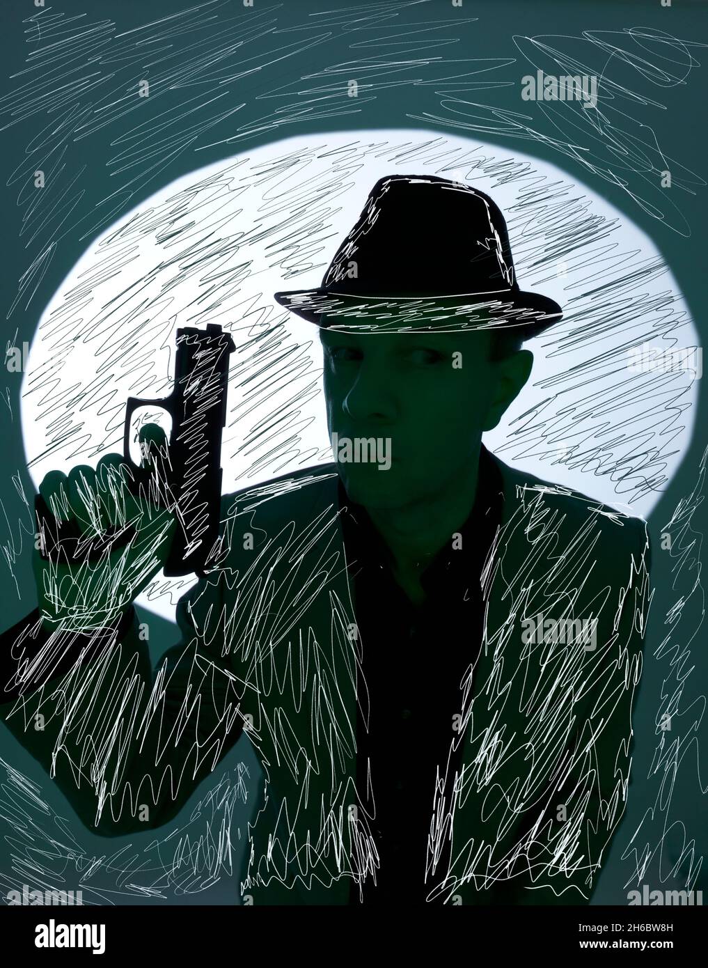 Copertina del libro spy thriller con pistola manuale. Foto Stock