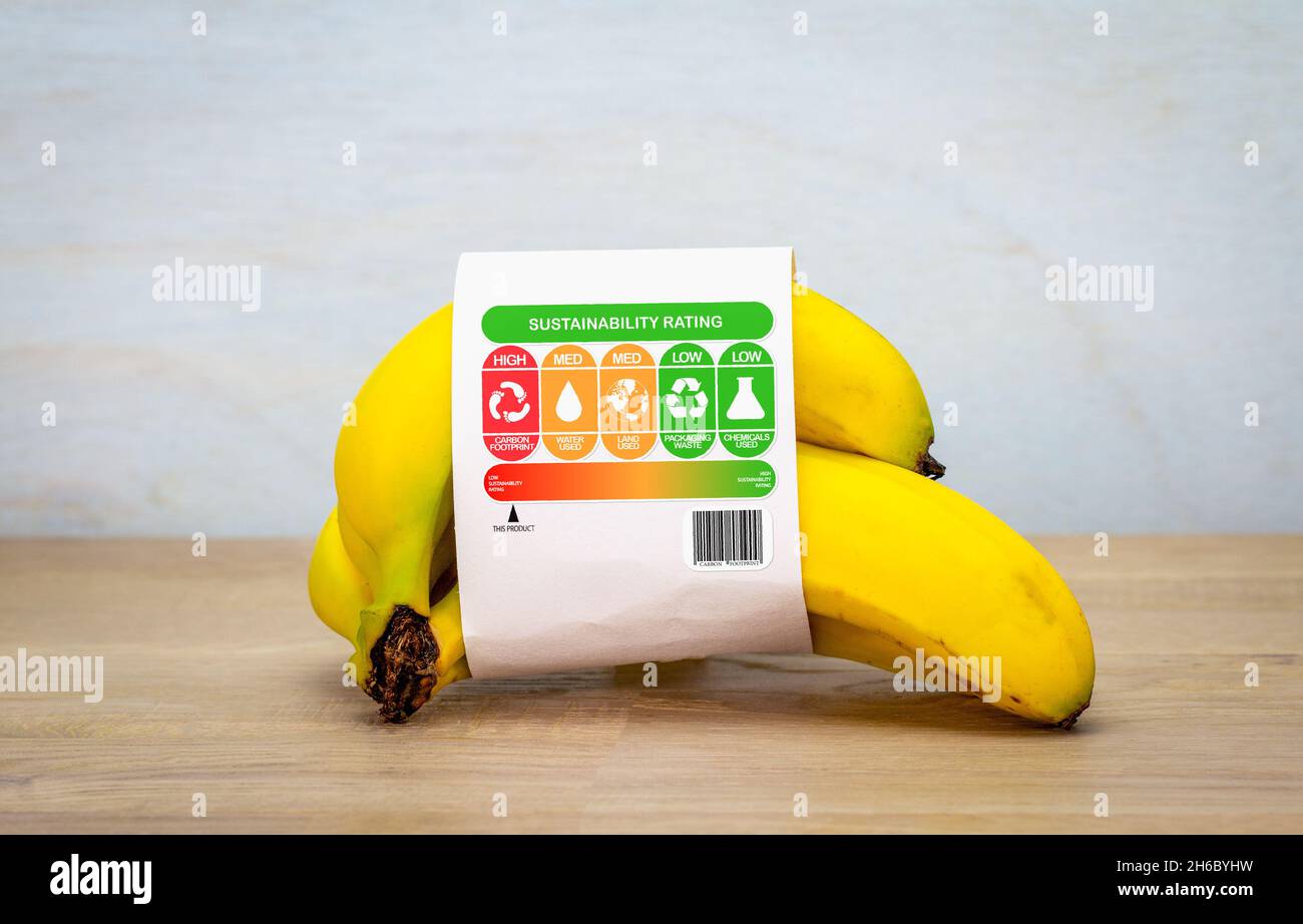 etichetta di sostenibilità alimentare di consumo sulle banane con classificazione del prodotto per concetto etico alimentare sostenibile Foto Stock