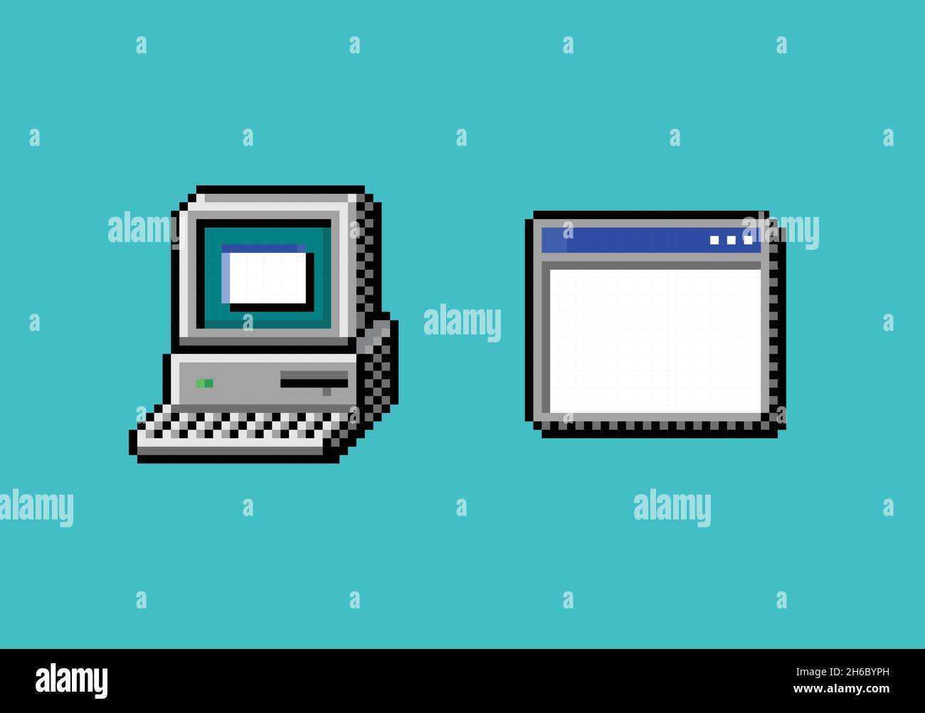 pixel art retro computer monitor con tastiera e aperto applicazione e programma terminale finestra, icona asset su sfondo blu Illustrazione Vettoriale