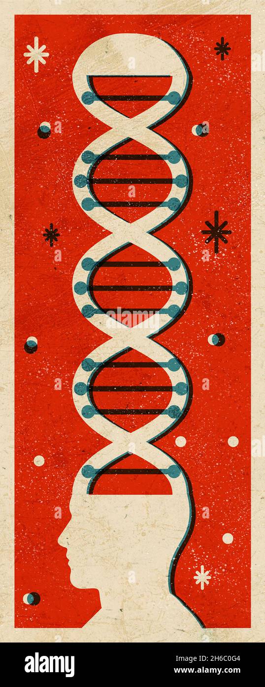Un disegno di illustrazione editoriale, Francis Crick, la mente, DNA, identità, auto, e il cervello Foto Stock