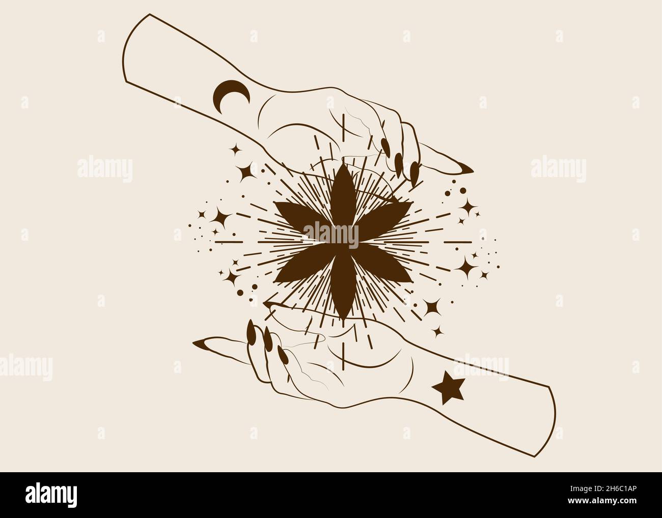 Mistico Donna mani tenere Fiore della vita in stile boho. Geometria sacra. Occultismo spirituale segno mistico di wicca. Illustrazione vettoriale isolata Illustrazione Vettoriale